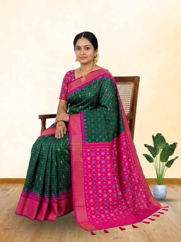 Handwoven green pink pochampally ikat silk saree
