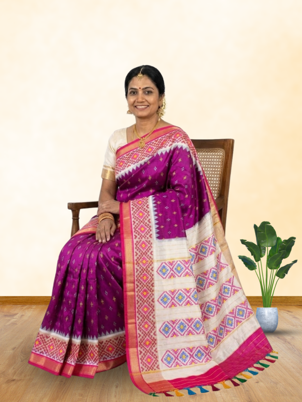 Wine cream handloom ikat pochampally silk saree