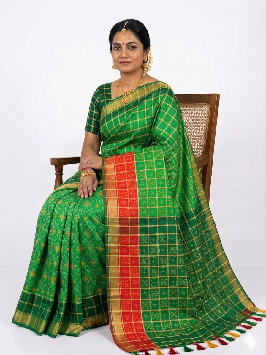 Green red handloom pochampally Ikat silk saree