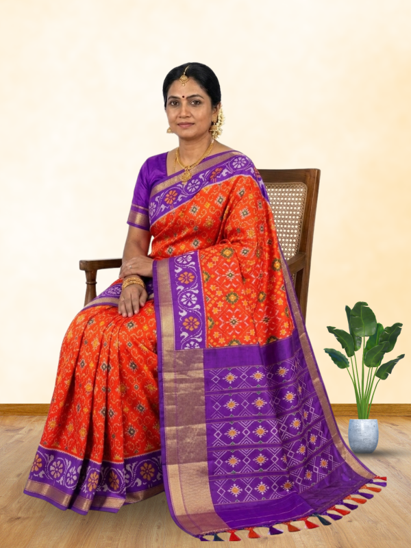 Orange purple handloom pochampally Ikat silk saree
