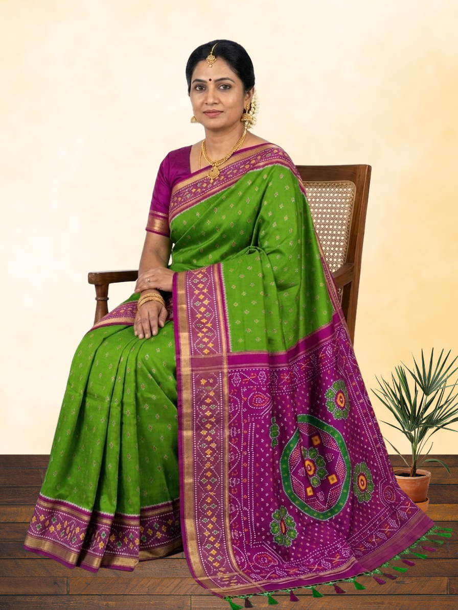 Mehendi green purple handloom pochampally ikat silk saree